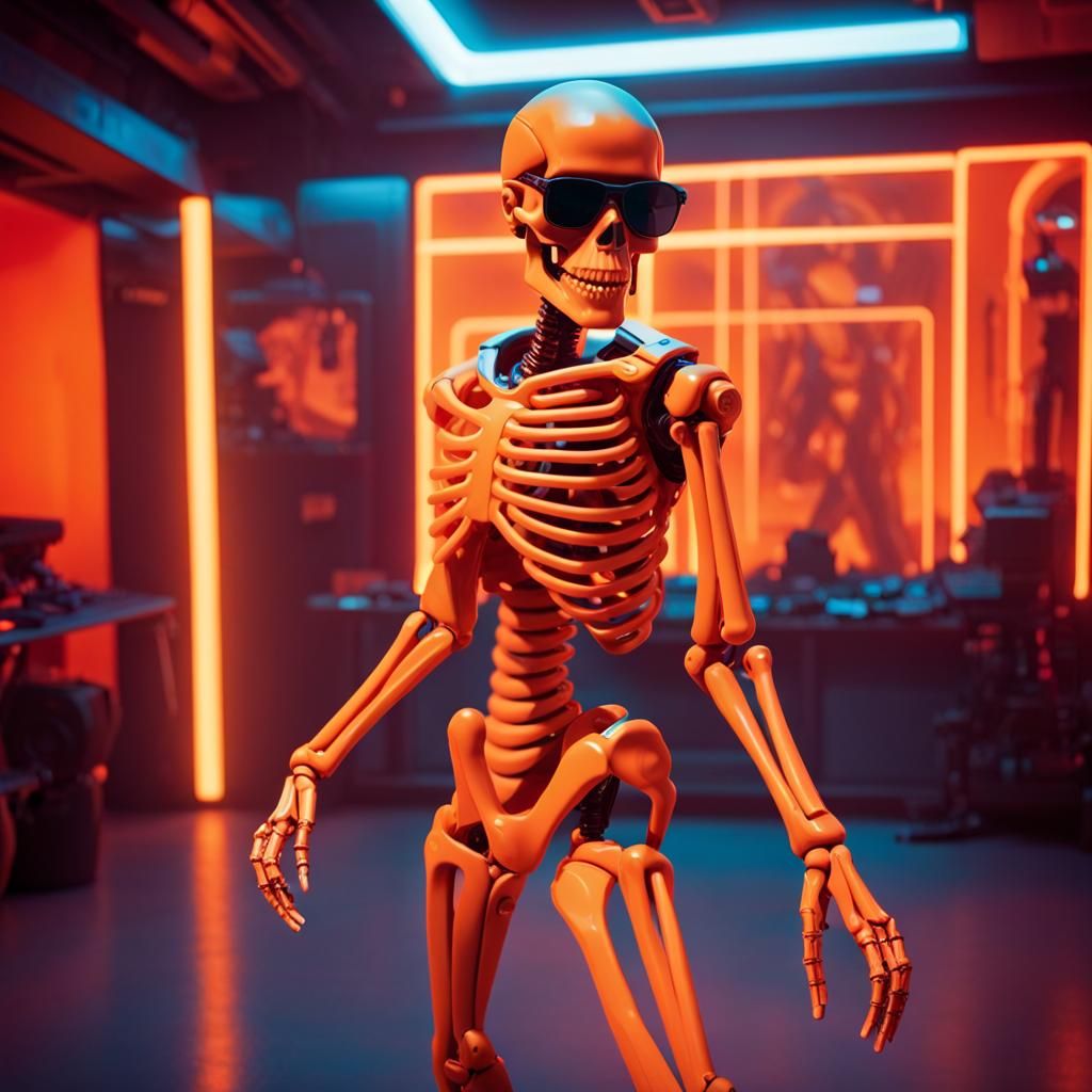 Orange Skeleton Dances in Neon Cyberpunk Studio