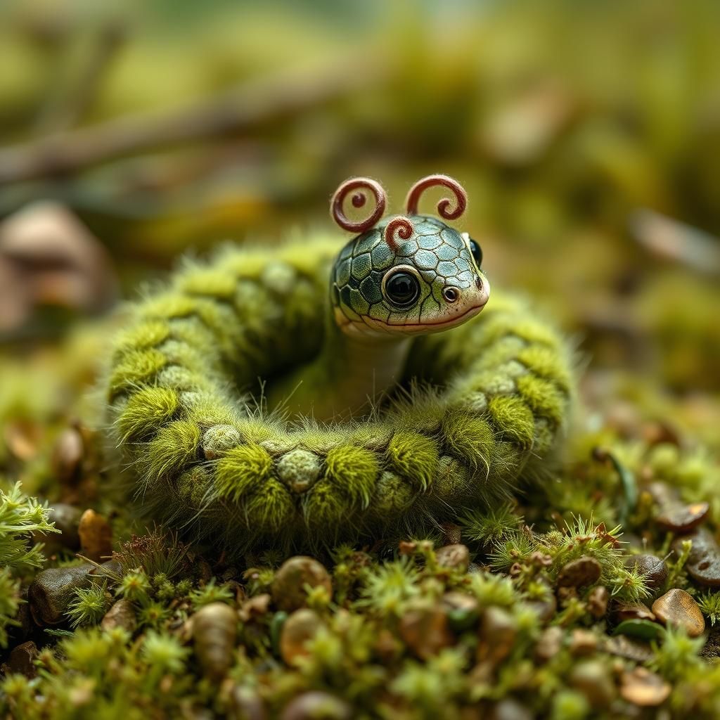 Adorable Moss Snake in Whimsical Illustration Style