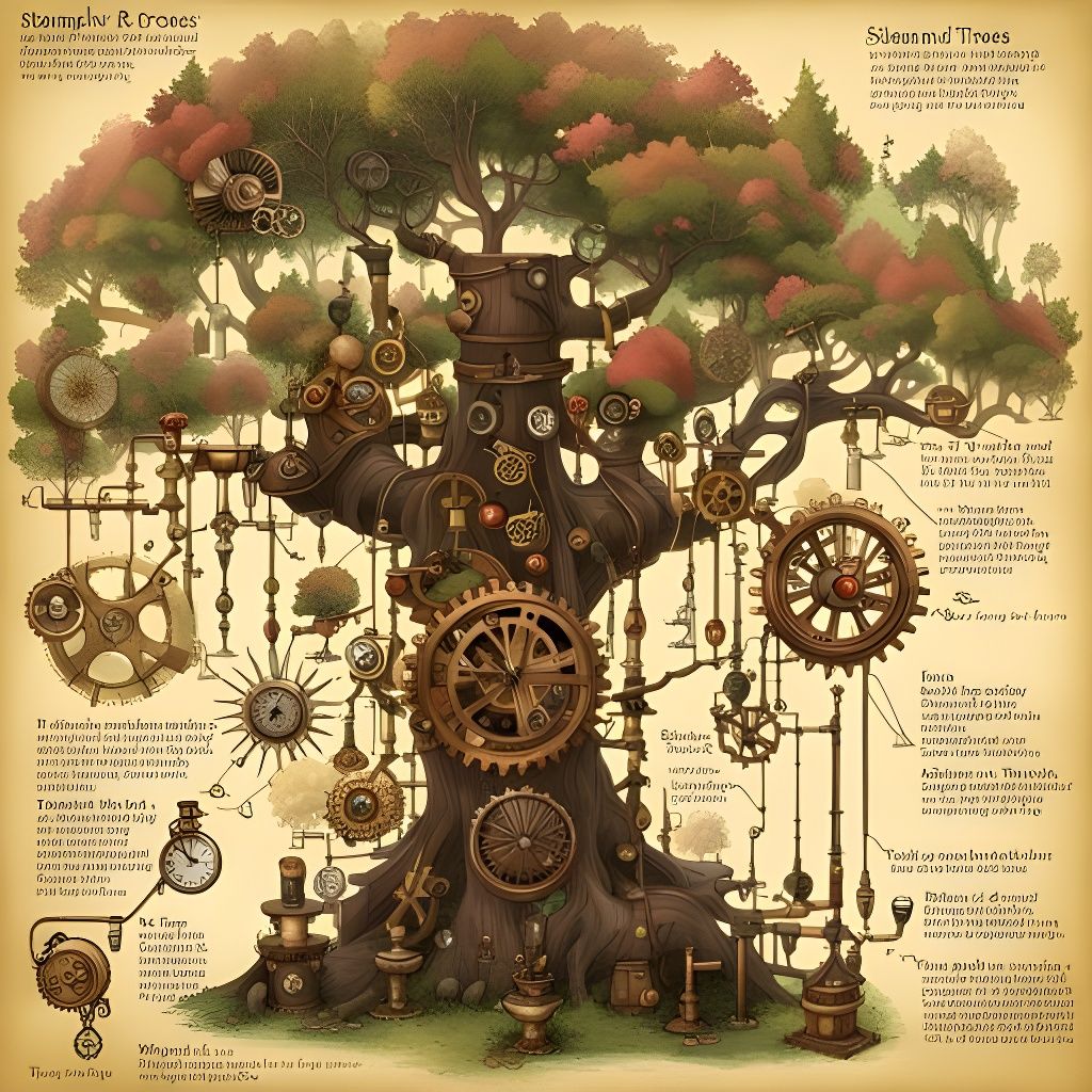 Steampunk Glade: Magical Trees and Flowers Illustration