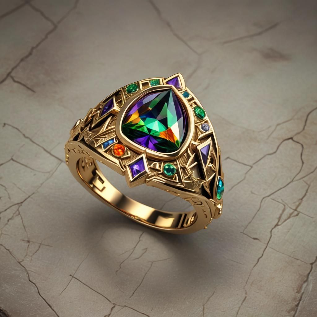 Triforce Gemstone Ring with Hylian Crest: Fantasy Art