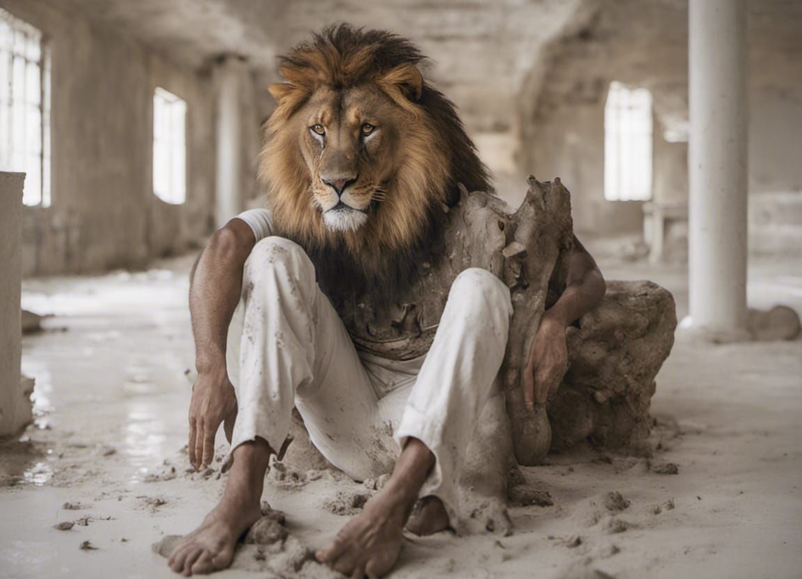 Lion-Headed Man Covered in Mud, Alligator Nearby