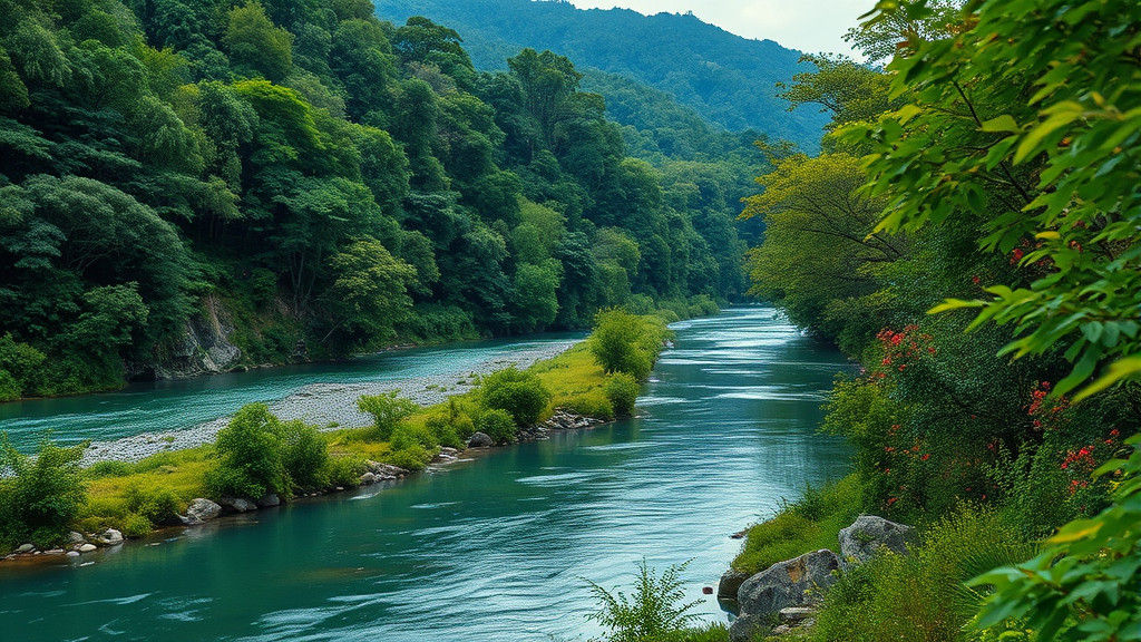 Hyperrealistic River Landscape in HDR with Lush Greenery