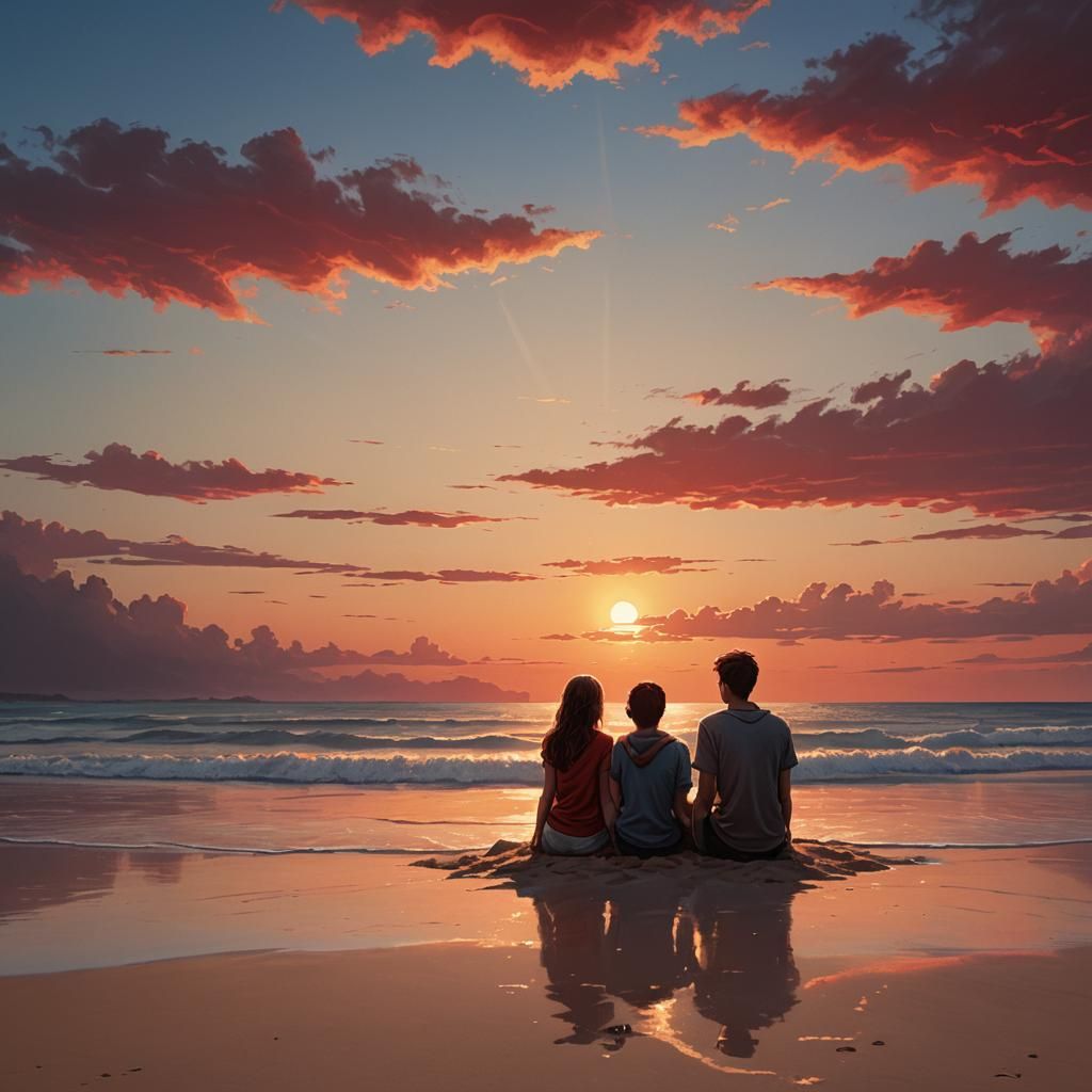 Teen Couple Watching Red Sunset: Fantasy Concept Art