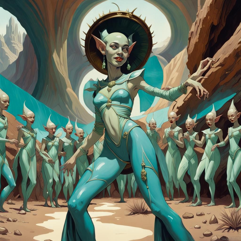 Joyful Turquoise Goblins Dancing in Iridescent Desert