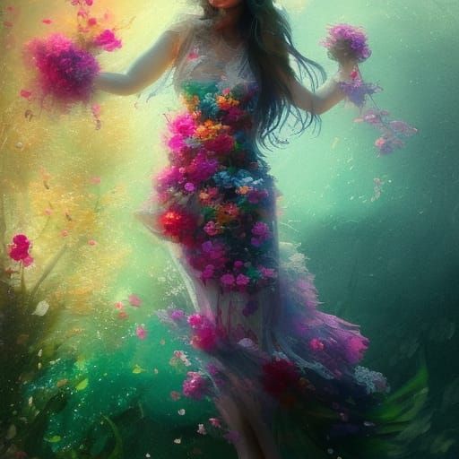 Floral Dress Watercolor Painting in Art Nouveau Style