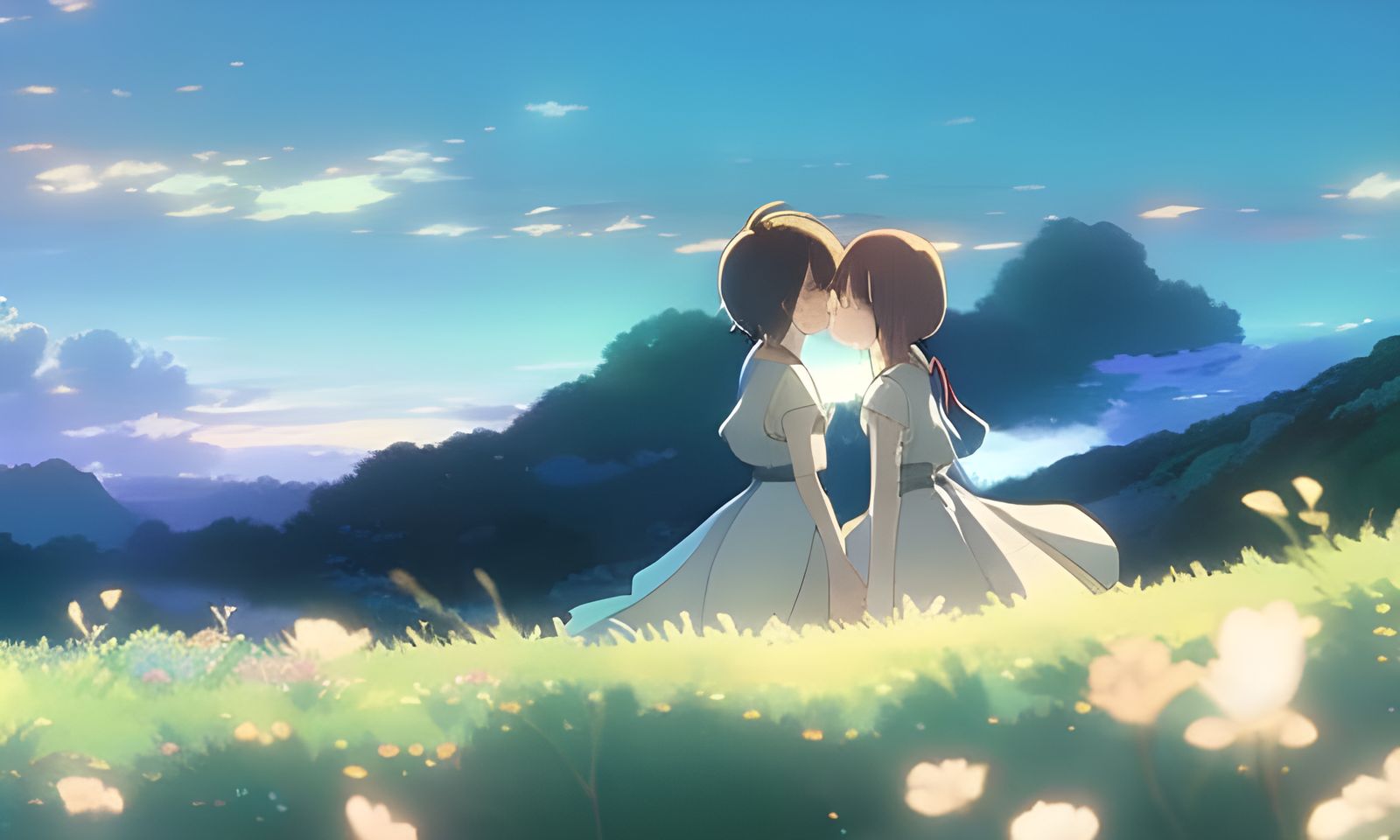 Anime Girls Kissing in Ghibli Style