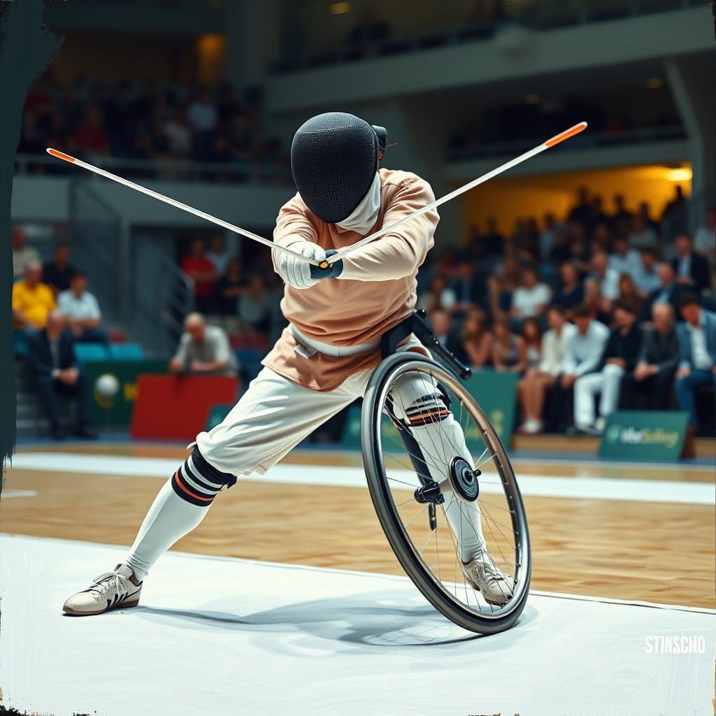 Dynamic Wheelchair Athlete in Epic Fencing Match