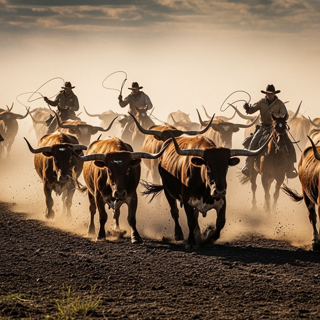 Longhorn Cattle Herd Charges Across Dusty Plain