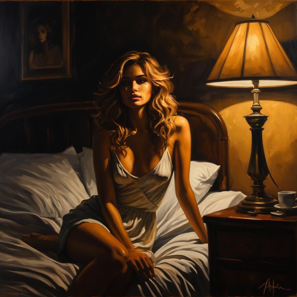 Chiaroscuro Oil Painting of Girl on Bed