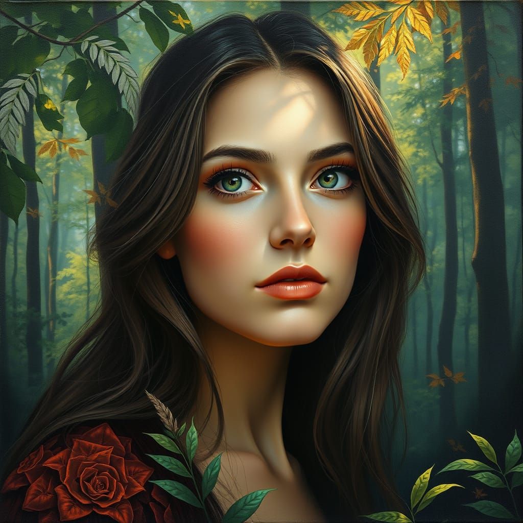 Serenely Contemplative Woman in Vibrant Forest Landscape
