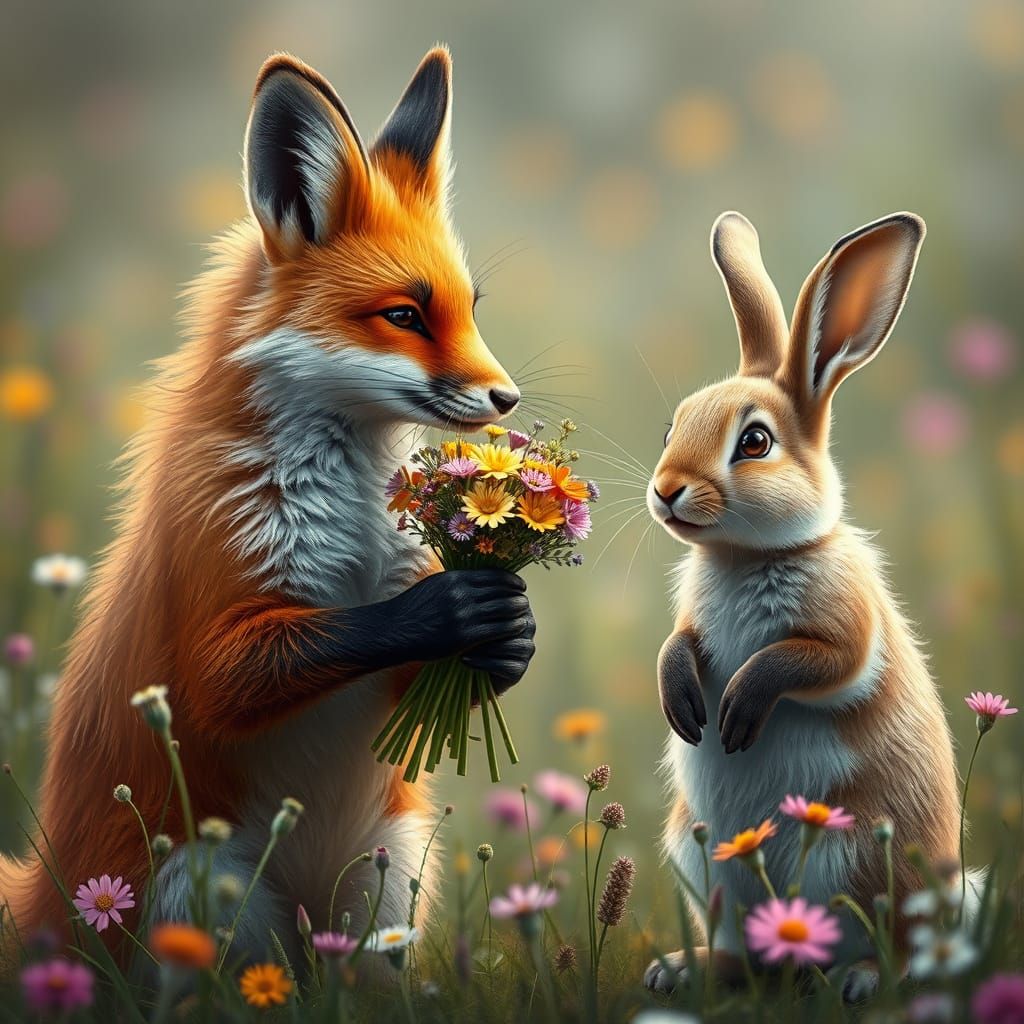 Romantic Fox Presents Wildflowers to Blushing Rabbit in Vibr...