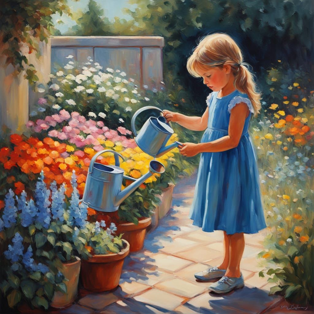 Girl Watering Flowers: Impressionist Oil Painting