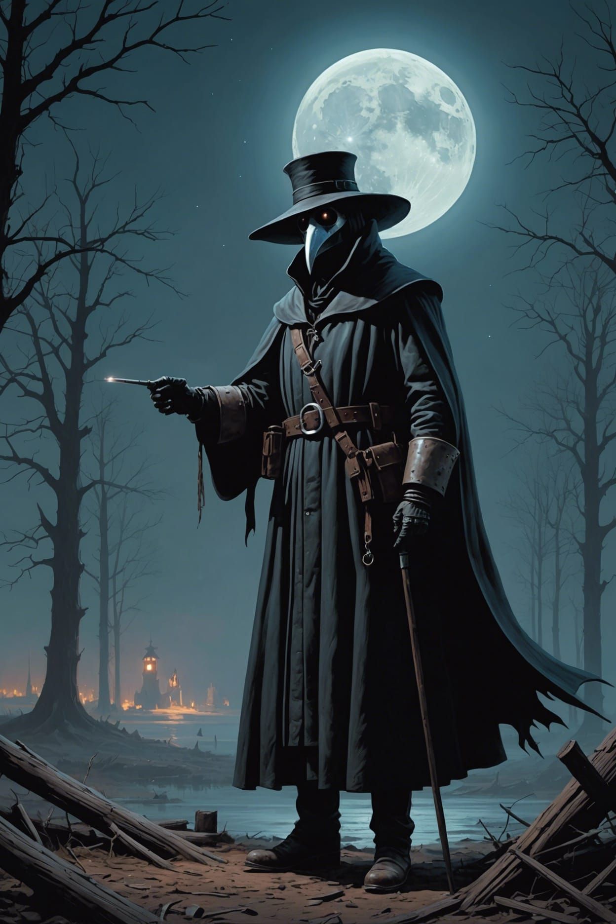 Plague Doctor in Moonlight: Sinister Concept Art