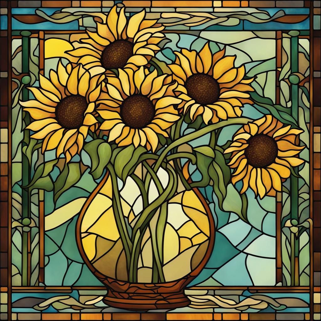 Sunflowers in Art Nouveau Stained Glass Style