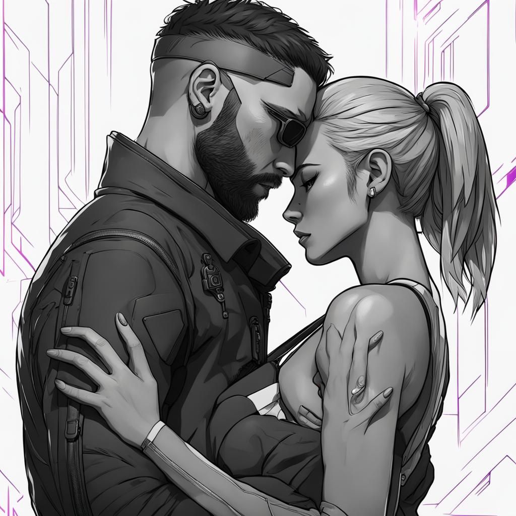 Cyberpunk Embrace: Black, White, and Amethyst