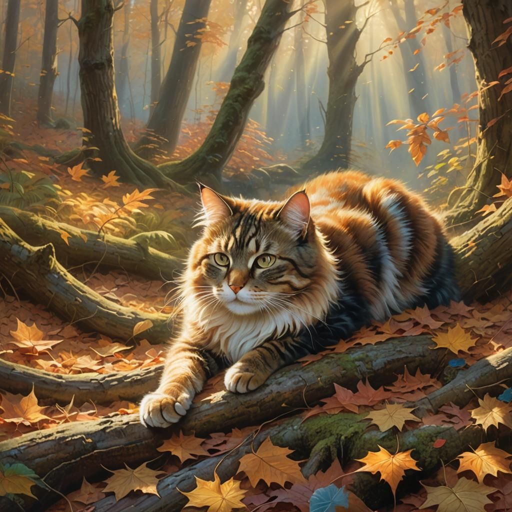 Cat in Sun-Drenched Autumn Forest Painting