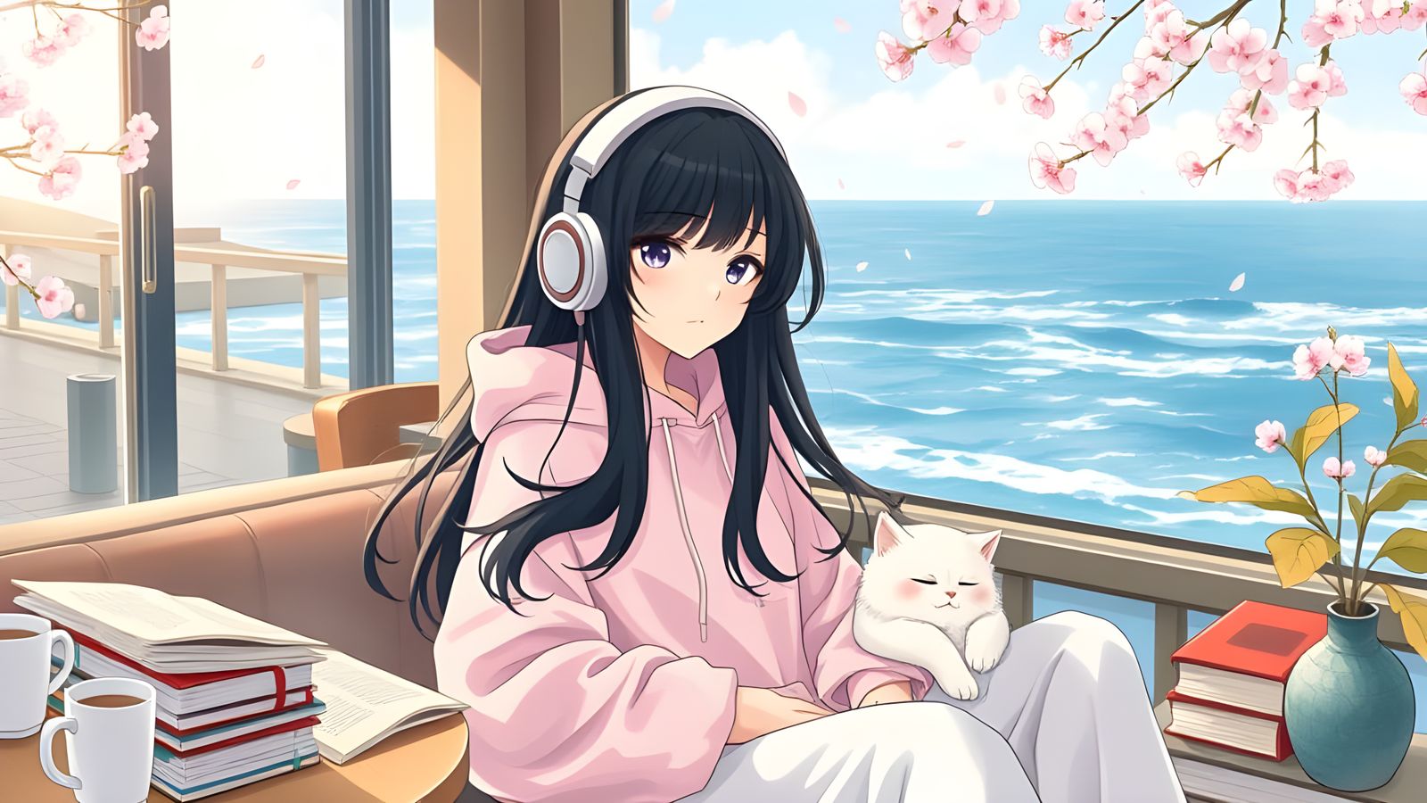 Anime Girl Enjoys Seaside Café Serenity