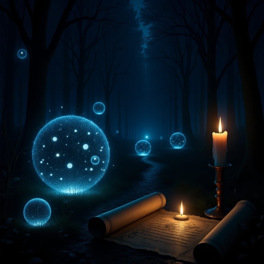 Mystical Forest Path at Night with Glowing Lights