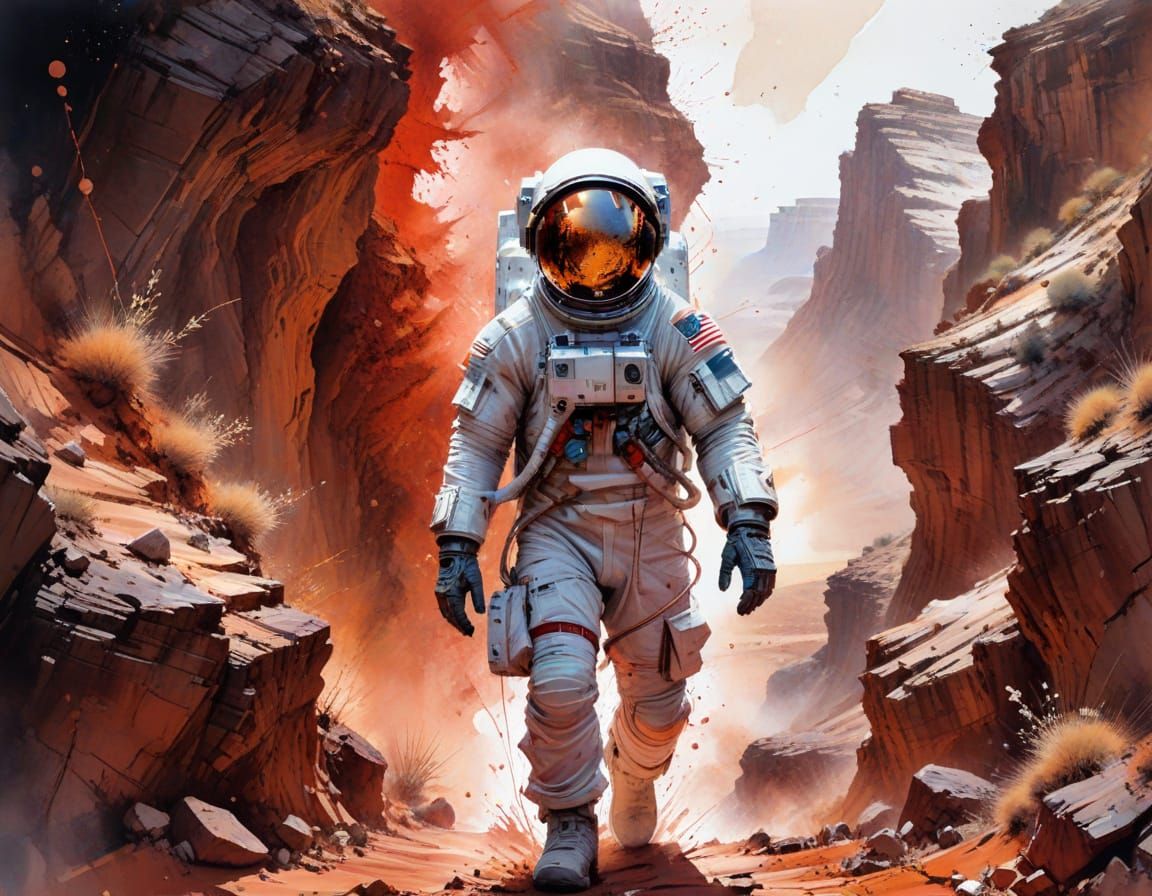 Astronaut Explores Martian Canyon at Dawn in Watercolour Sty...