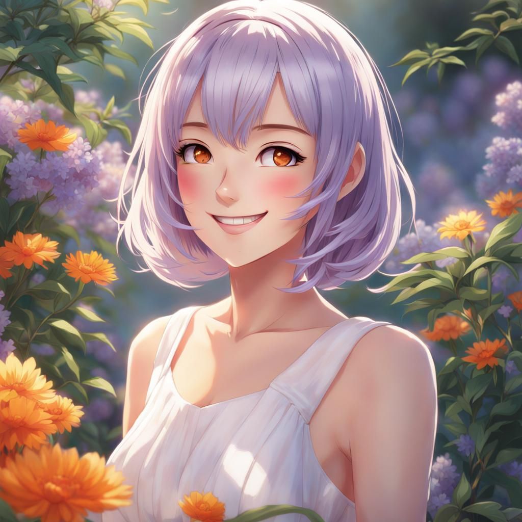 Anime Woman with Lilac Hair and Orange Eyes