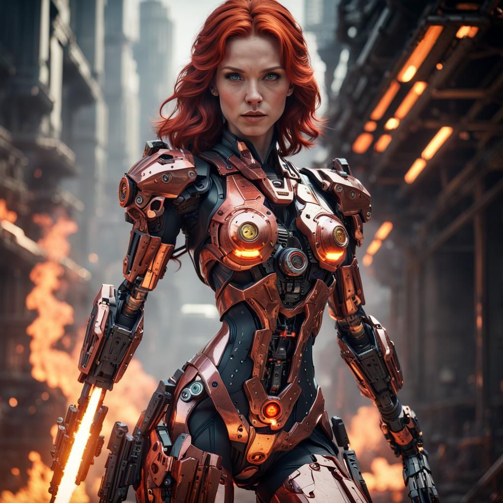 Redhead in Cybersuit with Firearm, Futuristic Sci-Fi Art