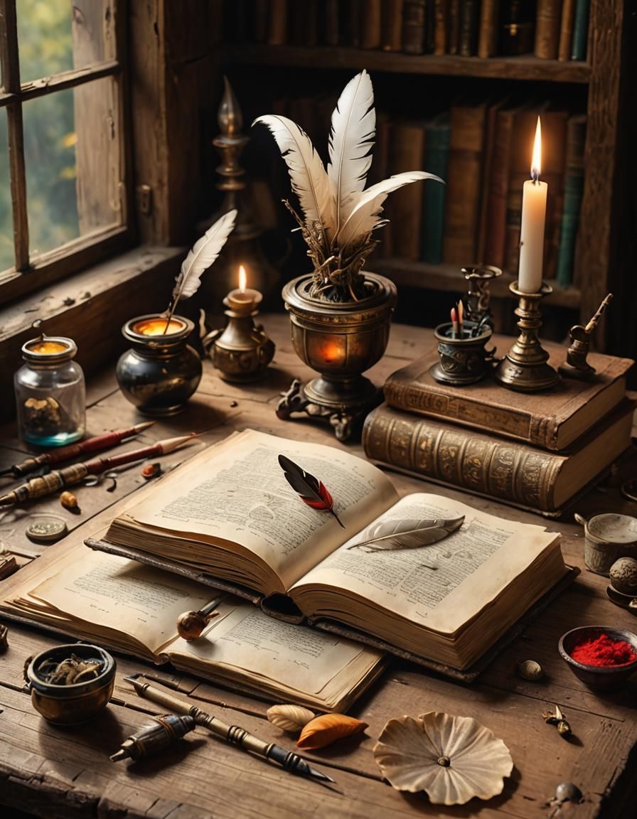 Old opened book on a wooden table