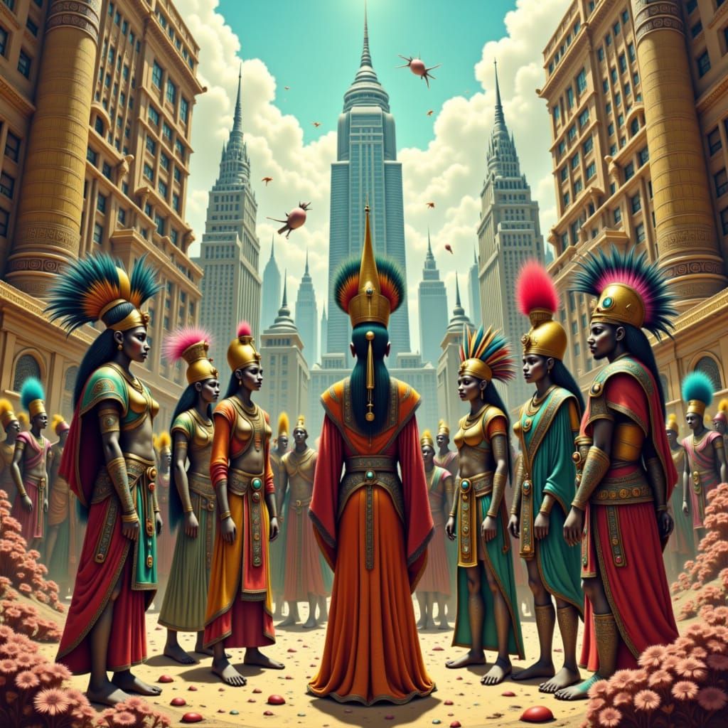 Pharaohs Meet NYC Skyscrapers in Dynamic Art Style