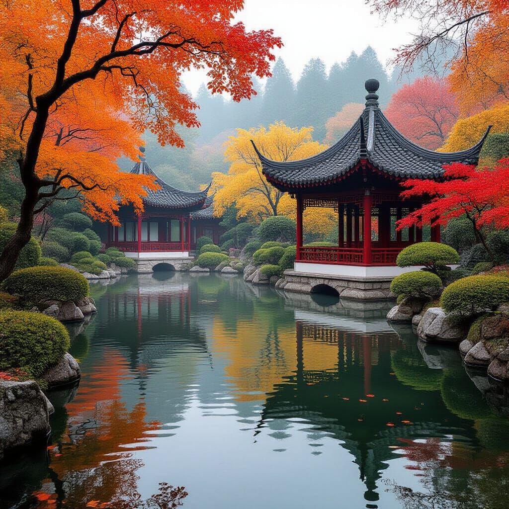 Malerischer Chinesischer Herbstgarten Mit Nebel Und Goldenem...