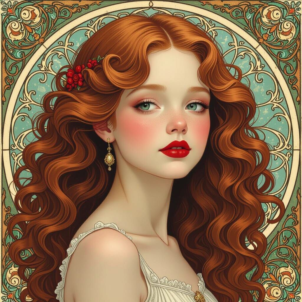 Girl with Red Lips in Art Nouveau Style