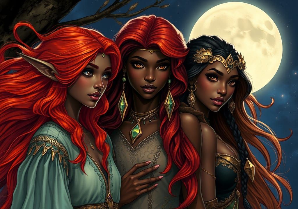 Elven Portrait: Leetah, Ember, and Savah in Moonlight