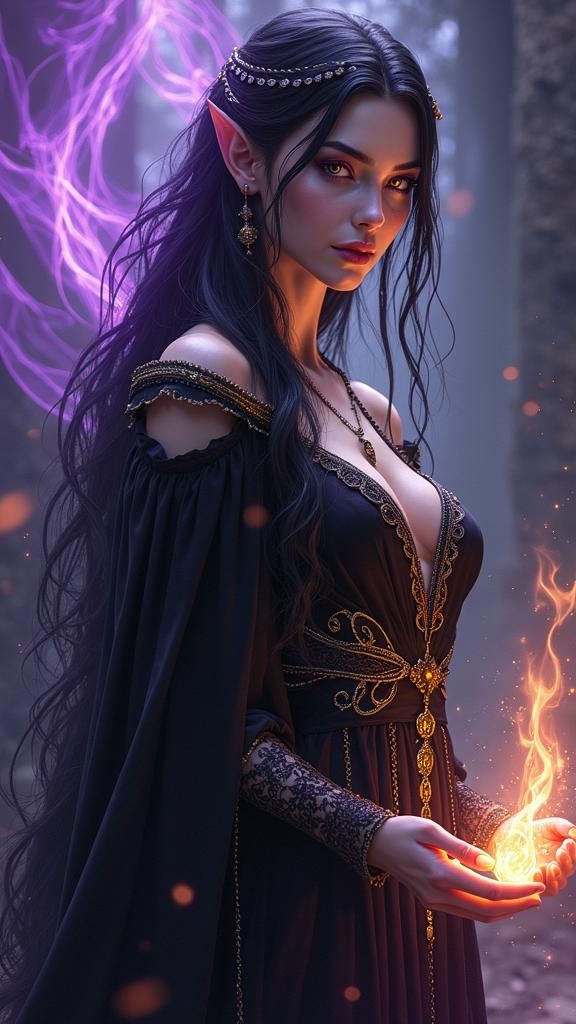 High Elf Maiden Channels Magic in Dark Fantasy Art