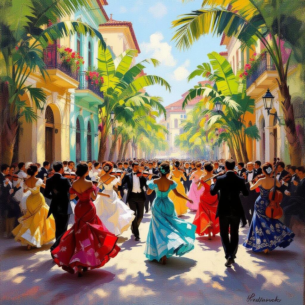Cuban Dancers in Sunlight with Art Deco Flair