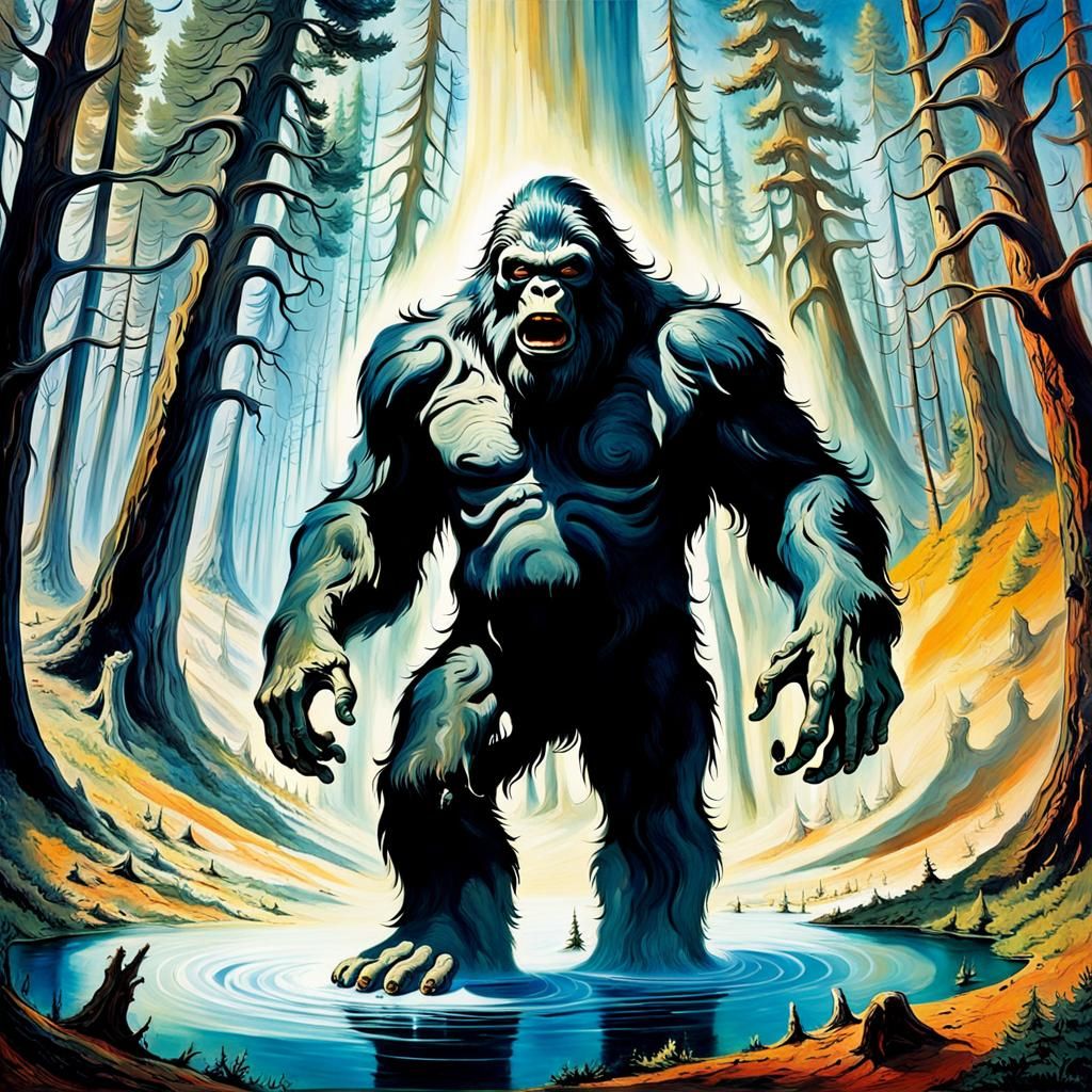 Surreal Bigfoot in Vortex, Dali-Inspired Art