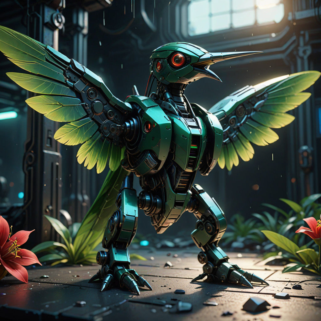 Cyberpunk Robotic Hummingbird in Metallic Green Feathers