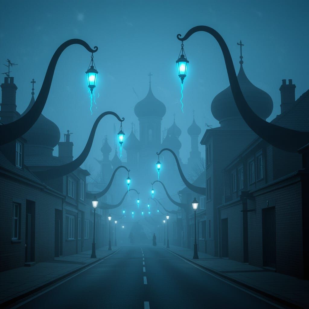Mystical Dark Street with Blue Lanterns in Fog
