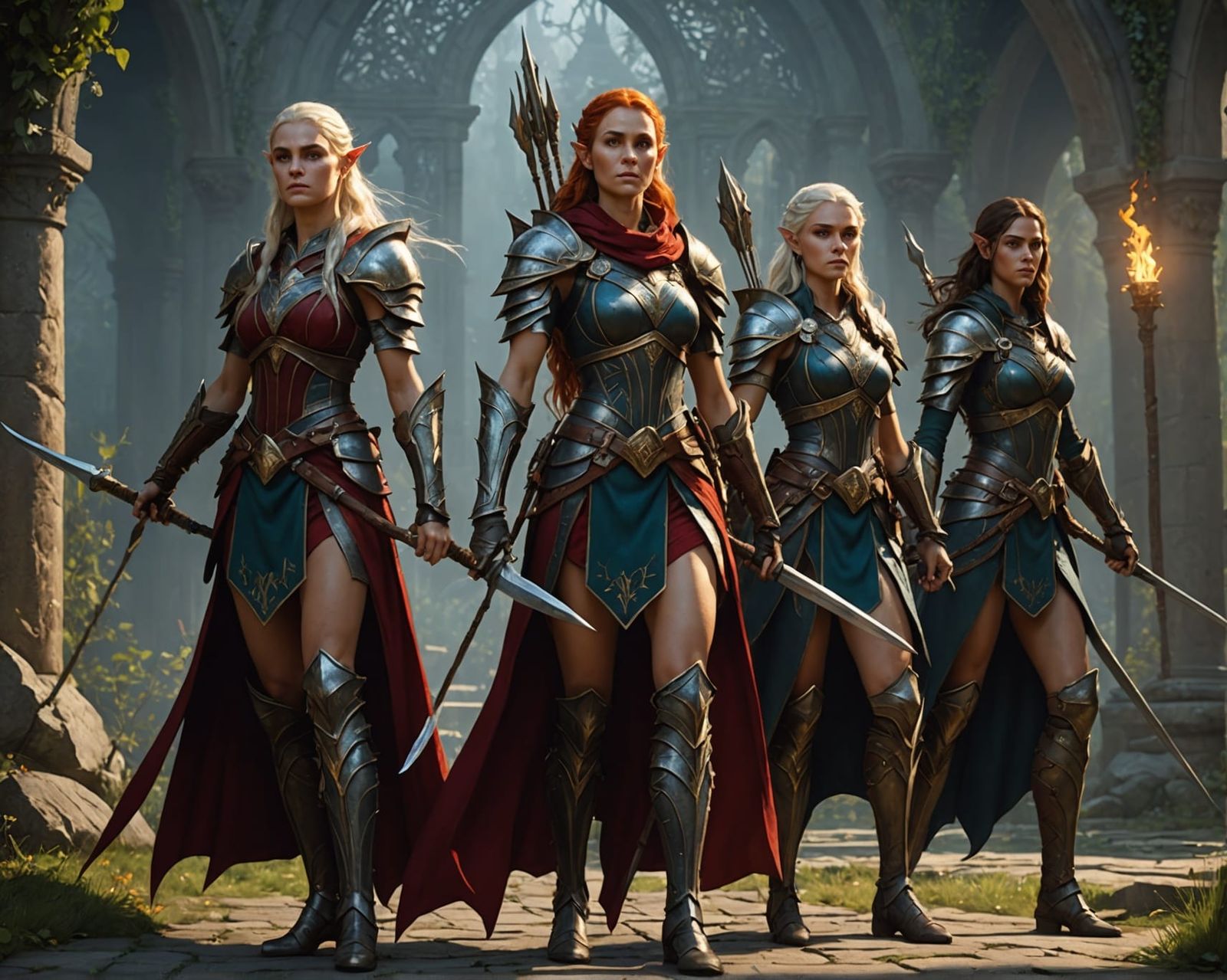 Elven Warriors with Spears in Dark Fantasy Style