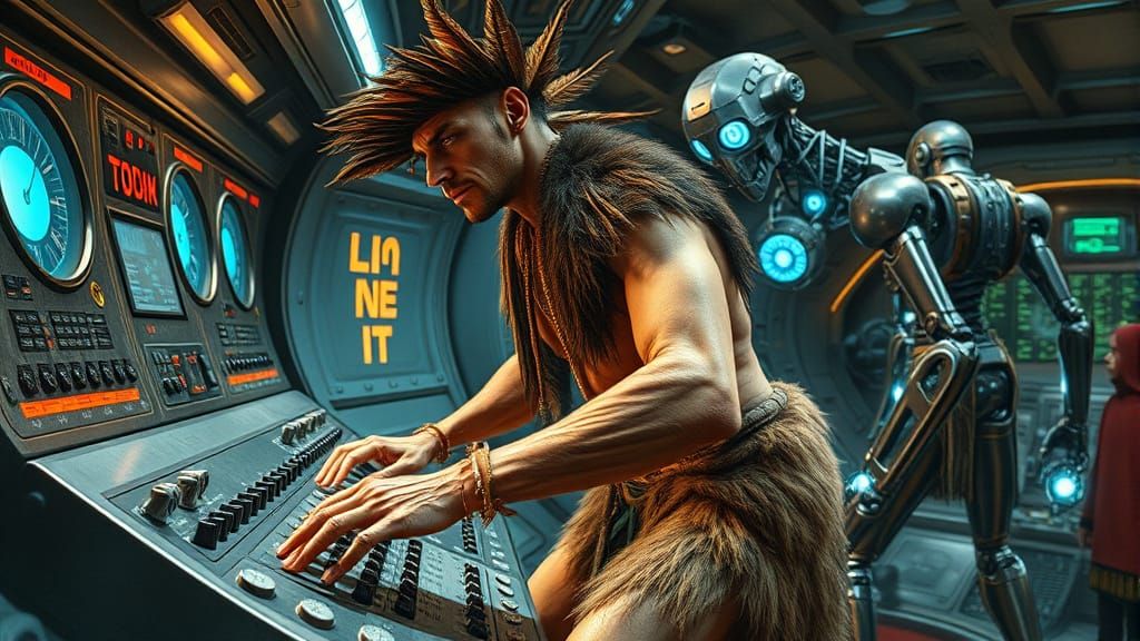 Caveman Discovers Spaceship Controls with Robot Companion