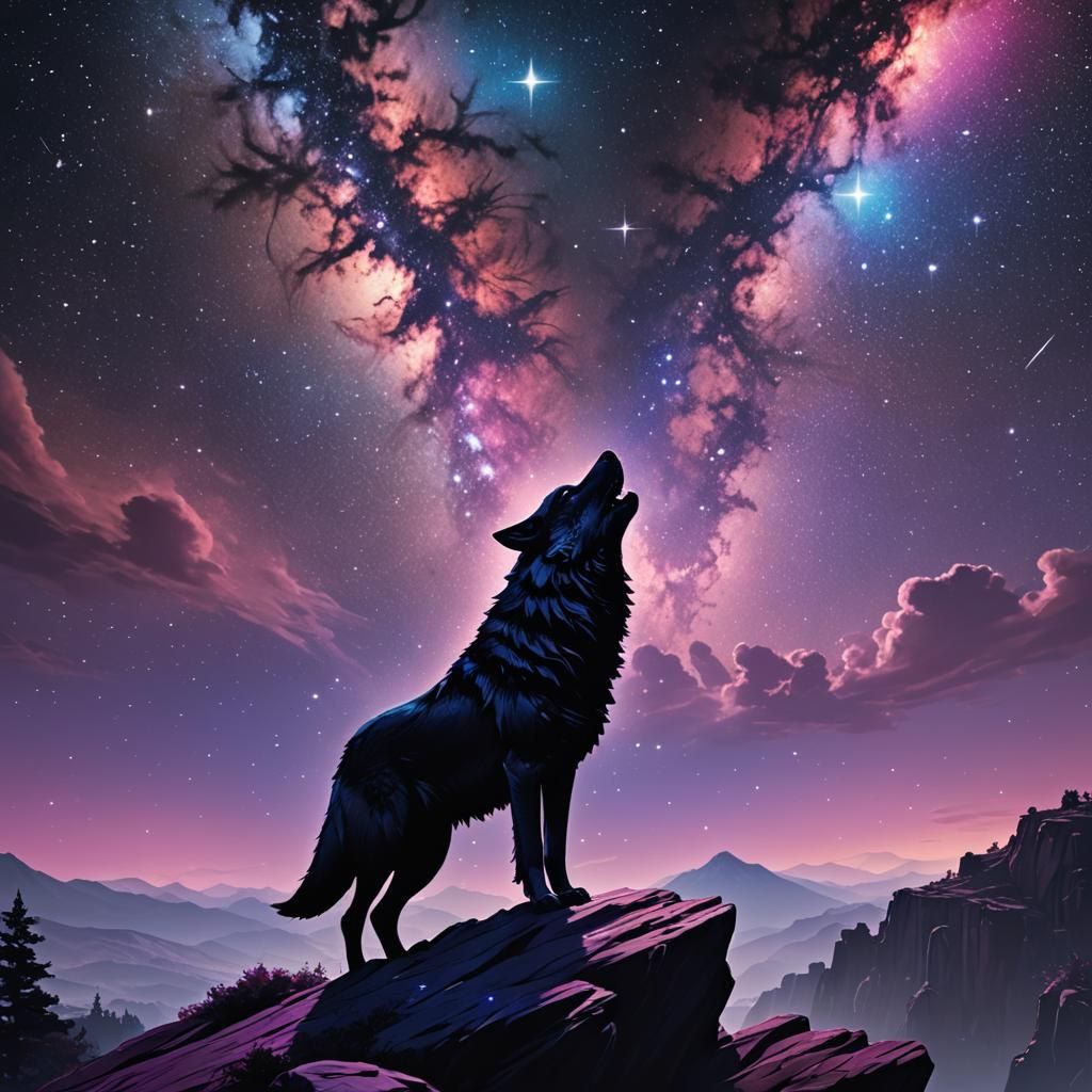 Wolf Howling at Galaxy Sky in Detailed Matte Painting