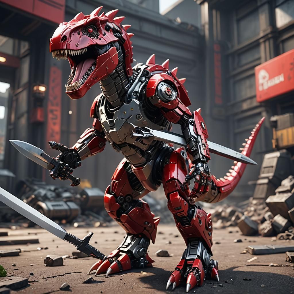 Red Dinosaur Robot with Knife in Sci-Fi Style