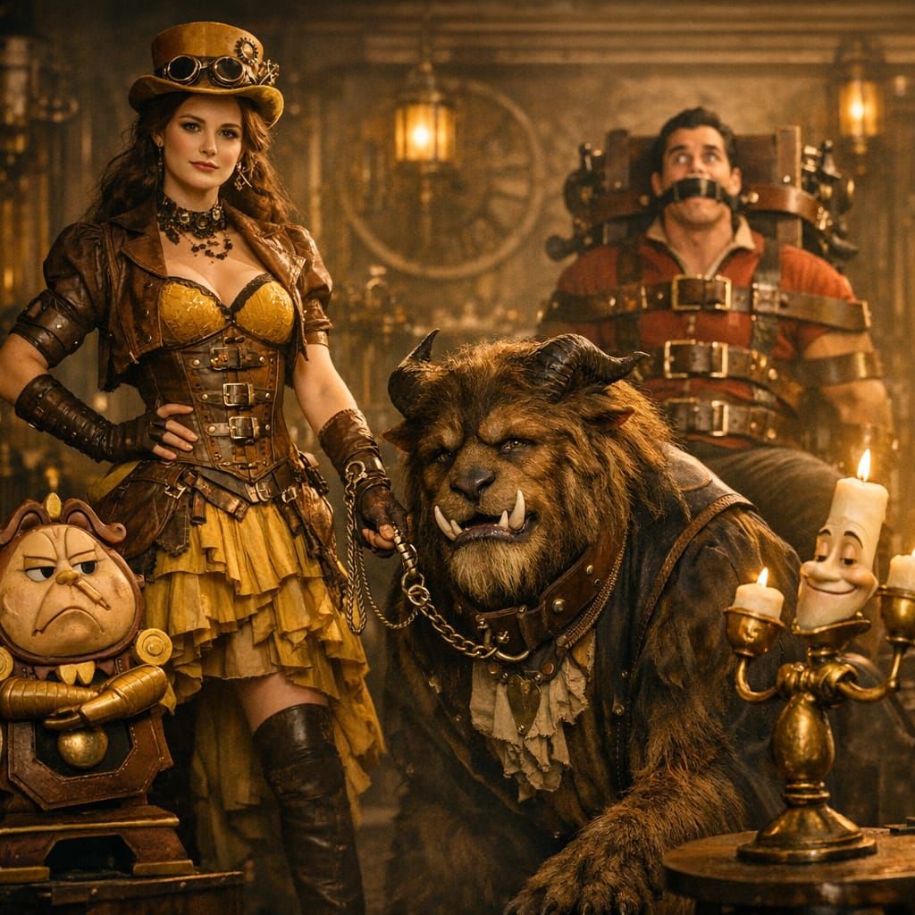 Steampunk Belle with Beast as Pet in Whimsical Scene
