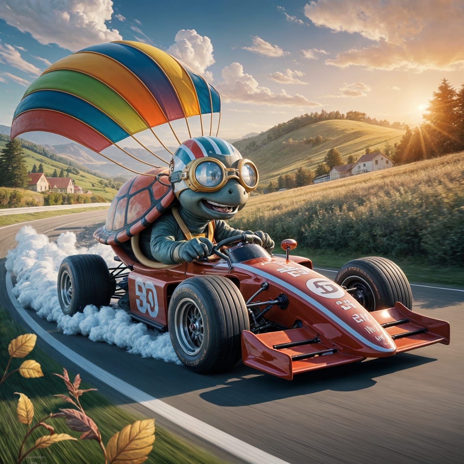 Cartoon Turtle Races F1 Car in Whimsical Digital Art