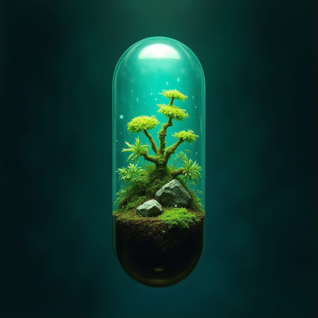 Terrarium Capsule with Green Glow, Oil Painting Style