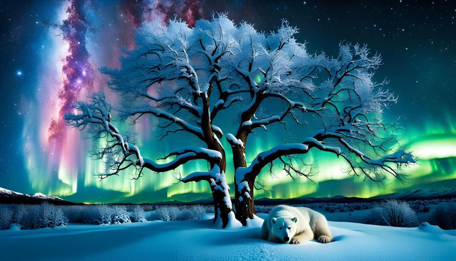 Cosmic Aurora Over Snowy Landscape with Polar Bear