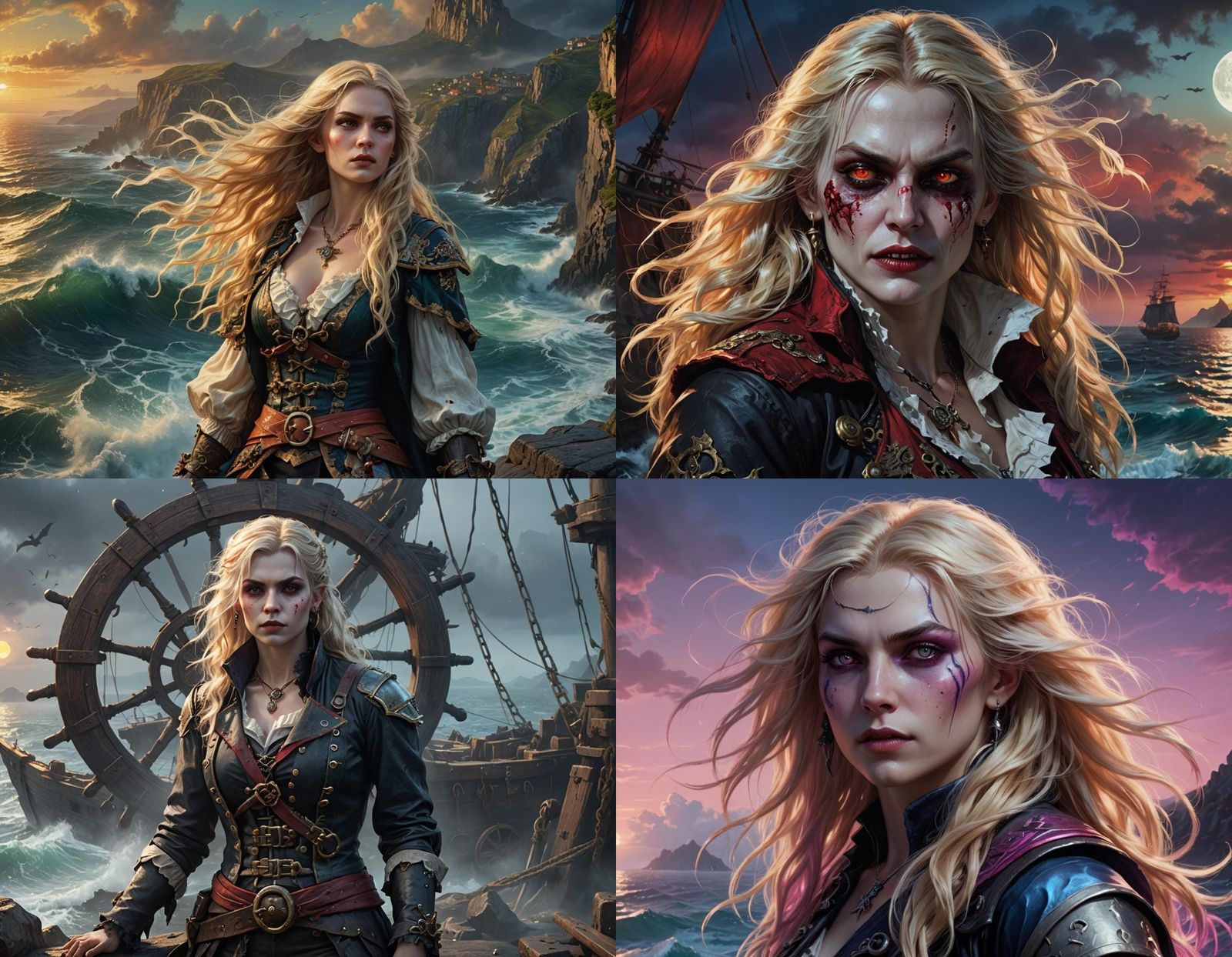 female vampire Rogue pirate.. Long pale blonde hair. Seascap...
