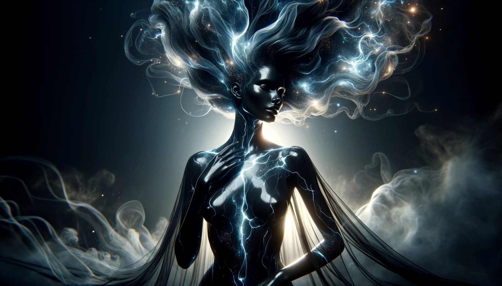Ethereal Obsidian Woman Radiating Cosmic Energy