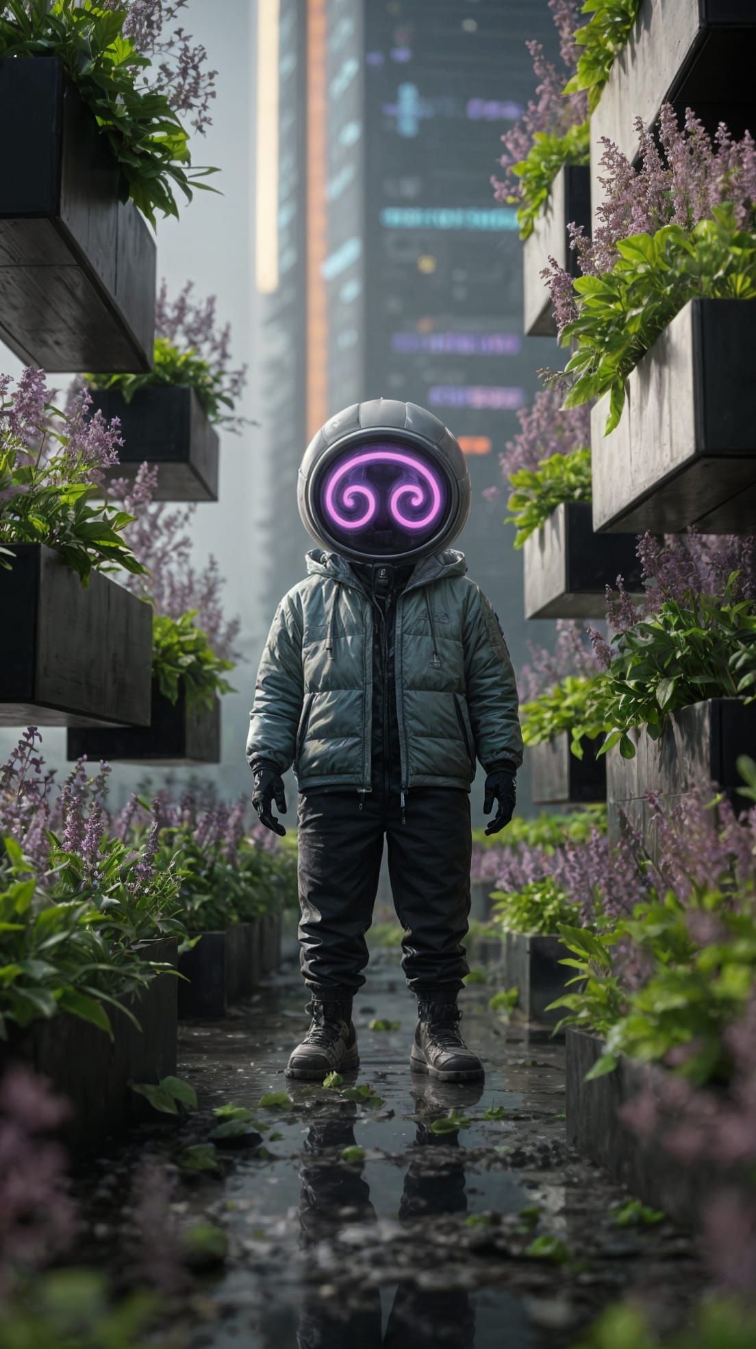 Cyberpunk Ghost Oversees Vertical Gardens