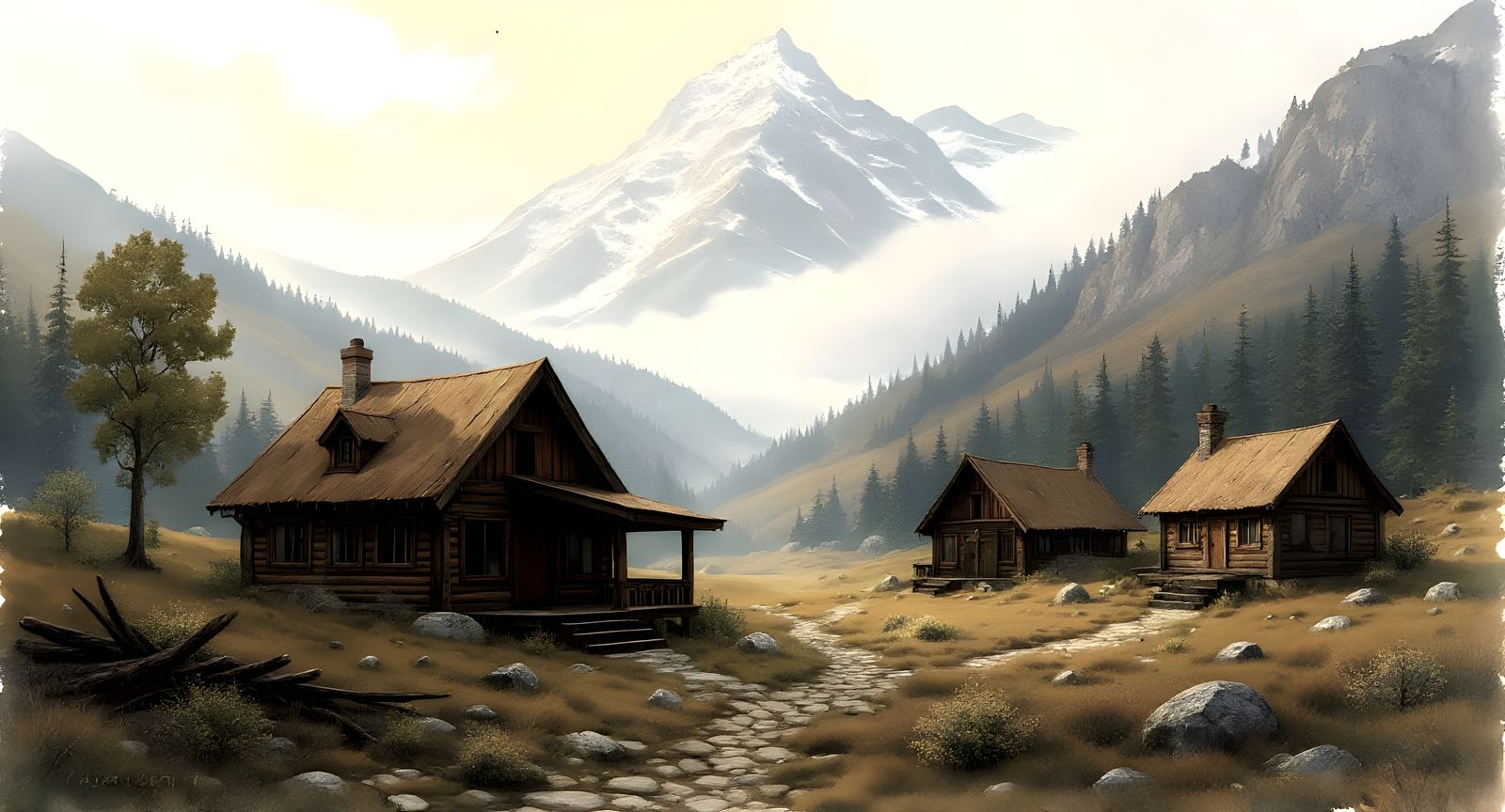 Watercolor Cabin in Foggy Mountains