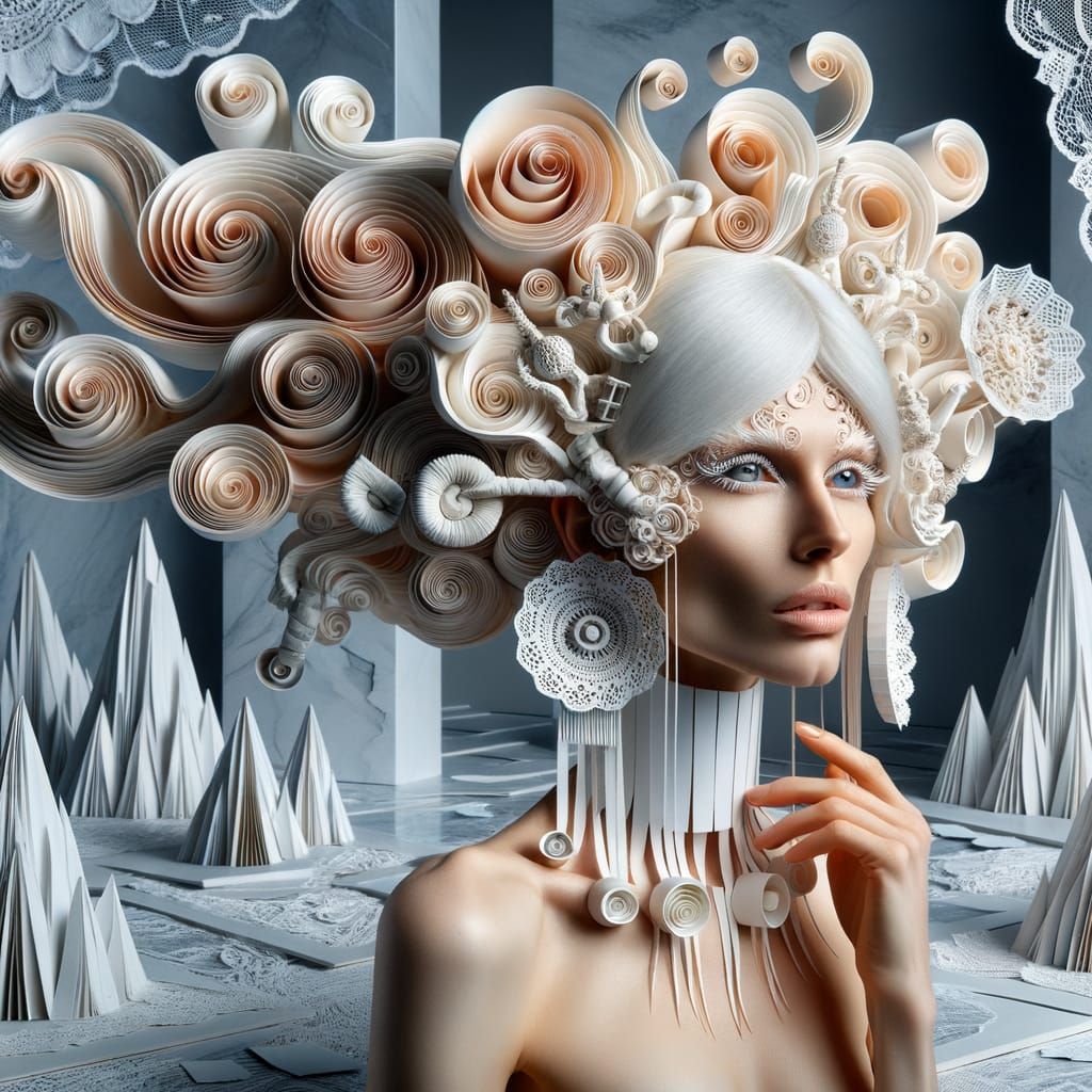 Surreal Woman with Lace Mountains Background