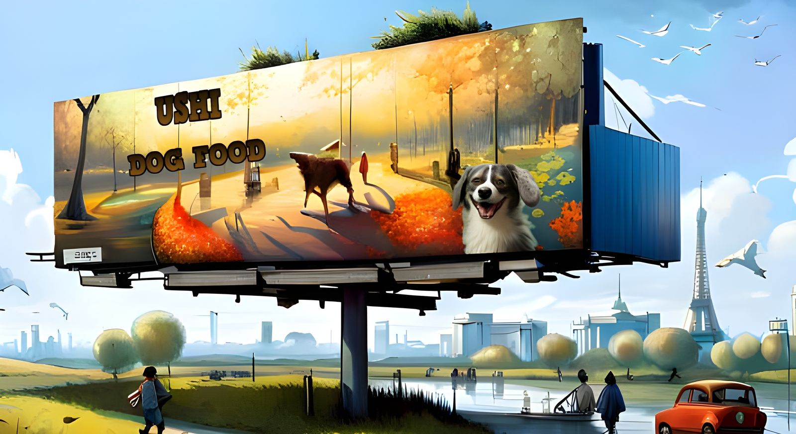 Billboard has a happy dog,