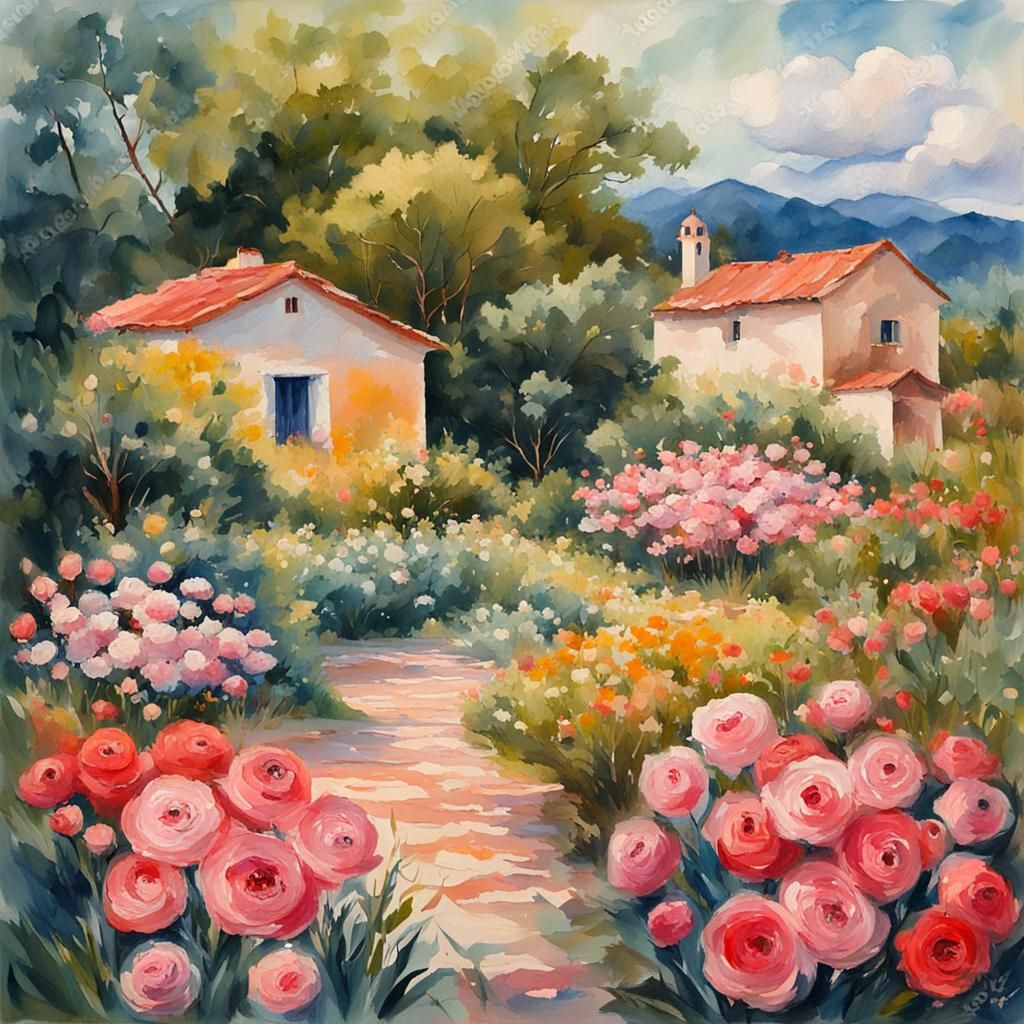 Poppy, Daisy, and Rose Landscape in Gouache Style